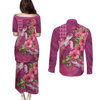 Hawaiian Turtle Love Couple Couples Matching Puletasi and Long Sleeve Button Shirt - Sweet Hibiscus and Kakau Pattern Rose Color LT03 - Polynesian Pride