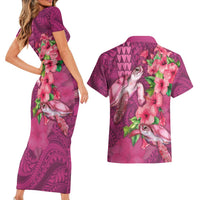 Hawaiian Turtle Love Couple Couples Matching Short Sleeve Bodycon Dress and Hawaiian Shirt - Sweet Hibiscus and Kakau Pattern Rose Color LT03 - Polynesian Pride