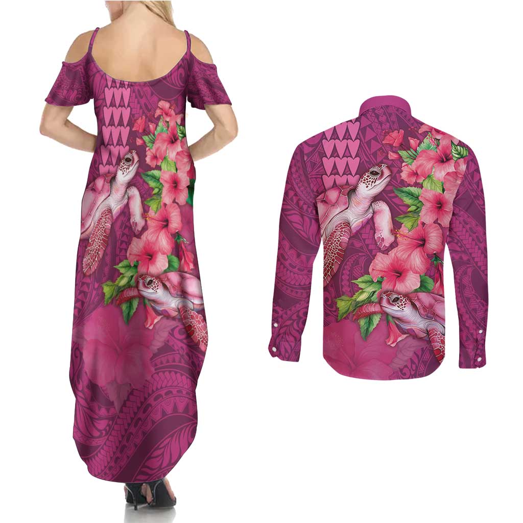 Hawaiian Turtle Love Couple Couples Matching Summer Maxi Dress and Long Sleeve Button Shirt - Sweet Hibiscus and Kakau Pattern Rose Color