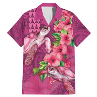 Hawaiian Turtle Love Couple Family Matching Mermaid Dress and Hawaiian Shirt - Sweet Hibiscus and Kakau Pattern Rose Color LT03 Dad's Shirt - Short Sleeve Pink - Polynesian Pride