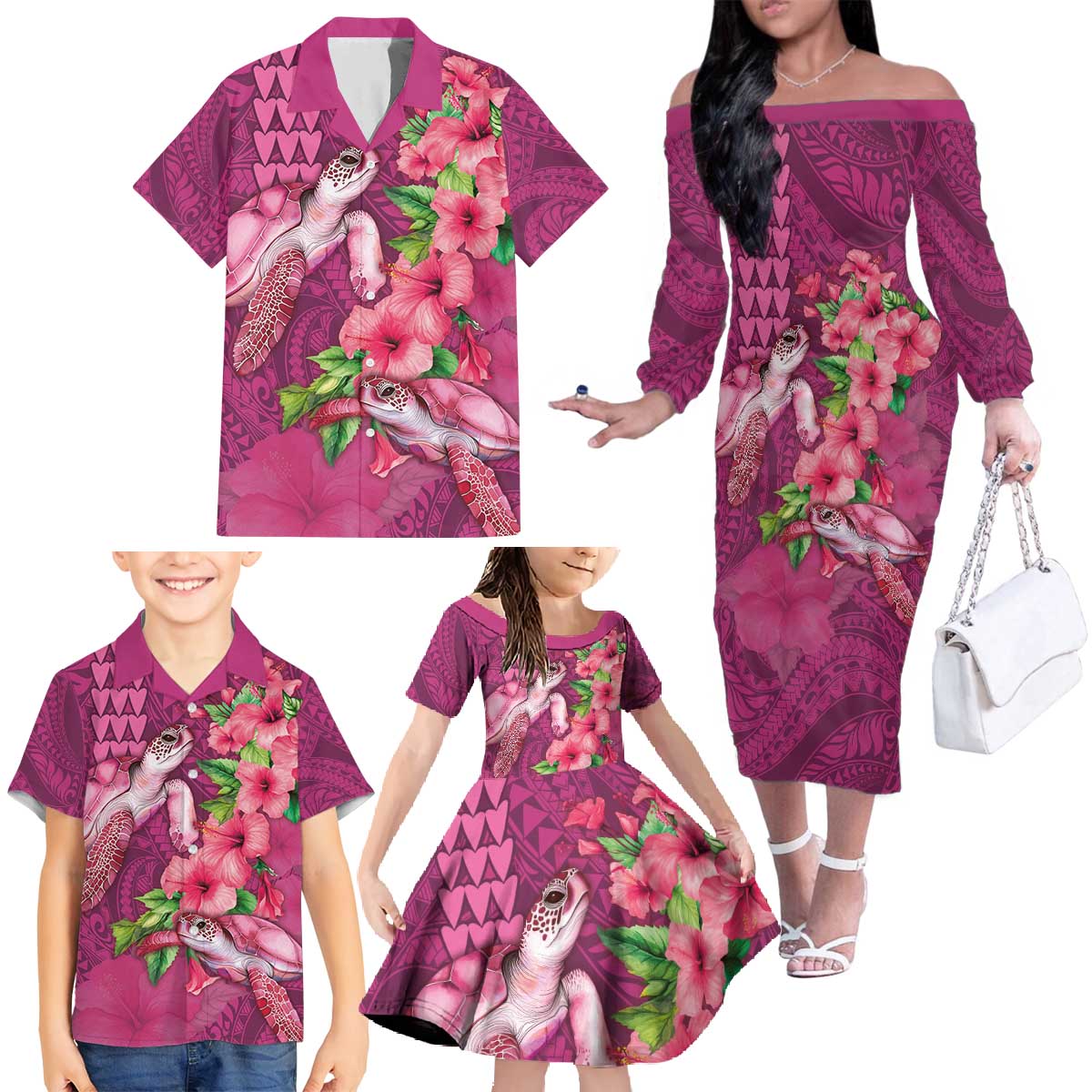 Hawaiian Turtle Love Couple Family Matching Off The Shoulder Long Sleeve Dress and Hawaiian Shirt - Sweet Hibiscus and Kakau Pattern Rose Color LT03 - Polynesian Pride