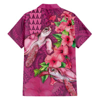 Hawaiian Turtle Love Couple Family Matching Off The Shoulder Long Sleeve Dress and Hawaiian Shirt - Sweet Hibiscus and Kakau Pattern Rose Color LT03 - Polynesian Pride