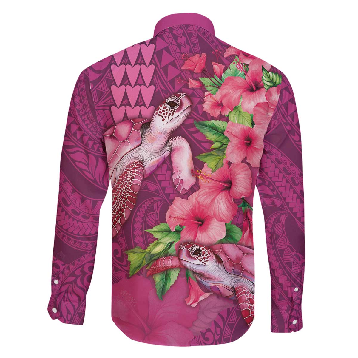 Hawaiian Turtle Love Couple Family Matching Off The Shoulder Long Sleeve Dress and Hawaiian Shirt - Sweet Hibiscus and Kakau Pattern Rose Color LT03 - Polynesian Pride