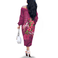 Hawaiian Turtle Love Couple Family Matching Off The Shoulder Long Sleeve Dress and Hawaiian Shirt - Sweet Hibiscus and Kakau Pattern Rose Color LT03 - Polynesian Pride