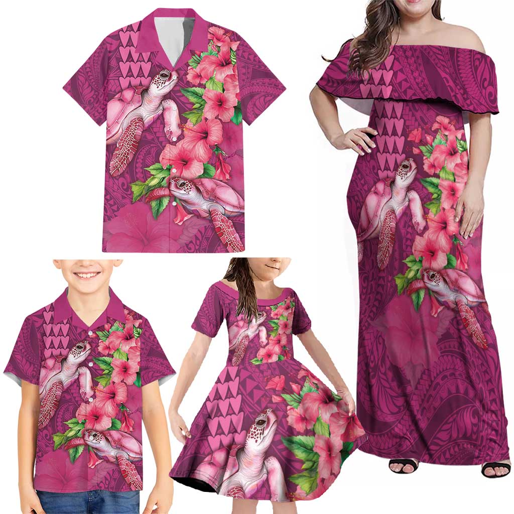 Hawaiian Turtle Love Couple Family Matching Off Shoulder Maxi Dress and Hawaiian Shirt - Sweet Hibiscus and Kakau Pattern Rose Color LT03 - Polynesian Pride