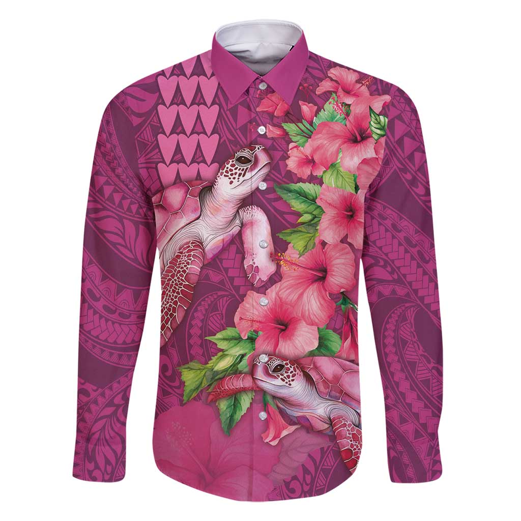 Hawaiian Turtle Love Couple Family Matching Off Shoulder Maxi Dress and Hawaiian Shirt - Sweet Hibiscus and Kakau Pattern Rose Color LT03 Dad's Shirt - Long Sleeve Pink - Polynesian Pride