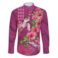 Hawaiian Turtle Love Couple Family Matching Off Shoulder Maxi Dress and Hawaiian Shirt - Sweet Hibiscus and Kakau Pattern Rose Color LT03 Dad's Shirt - Long Sleeve Pink - Polynesian Pride