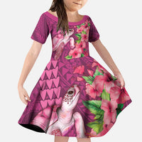 Hawaiian Turtle Love Couple Family Matching Puletasi and Hawaiian Shirt - Sweet Hibiscus and Kakau Pattern Rose Color LT03 Daughter's Dress Pink - Polynesian Pride