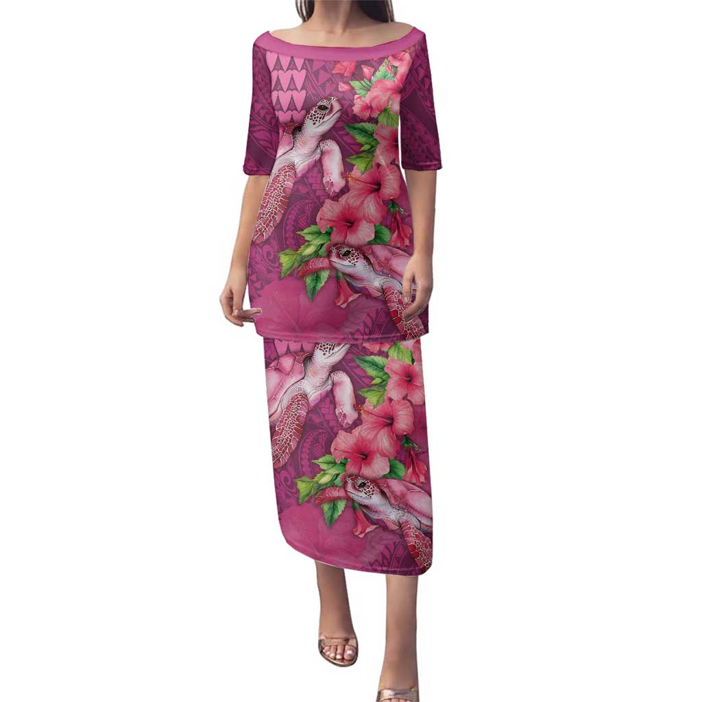 Hawaiian Turtle Love Couple Family Matching Puletasi and Hawaiian Shirt - Sweet Hibiscus and Kakau Pattern Rose Color LT03 Mom's Dress Pink - Polynesian Pride