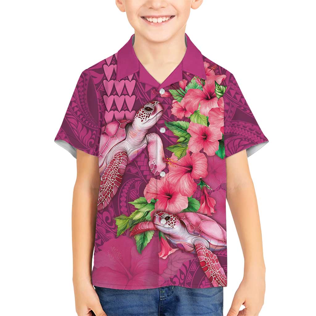 Hawaiian Turtle Love Couple Family Matching Puletasi and Hawaiian Shirt - Sweet Hibiscus and Kakau Pattern Rose Color LT03 Son's Shirt Pink - Polynesian Pride