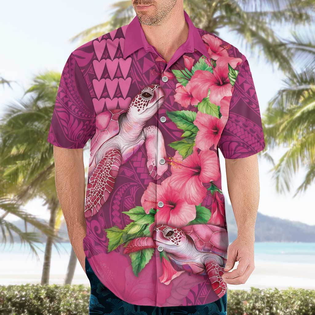 Hawaiian Turtle Love Couple Hawaiian Shirt - Sweet Hibiscus and Kakau Pattern Rose Color LT03 - Polynesian Pride