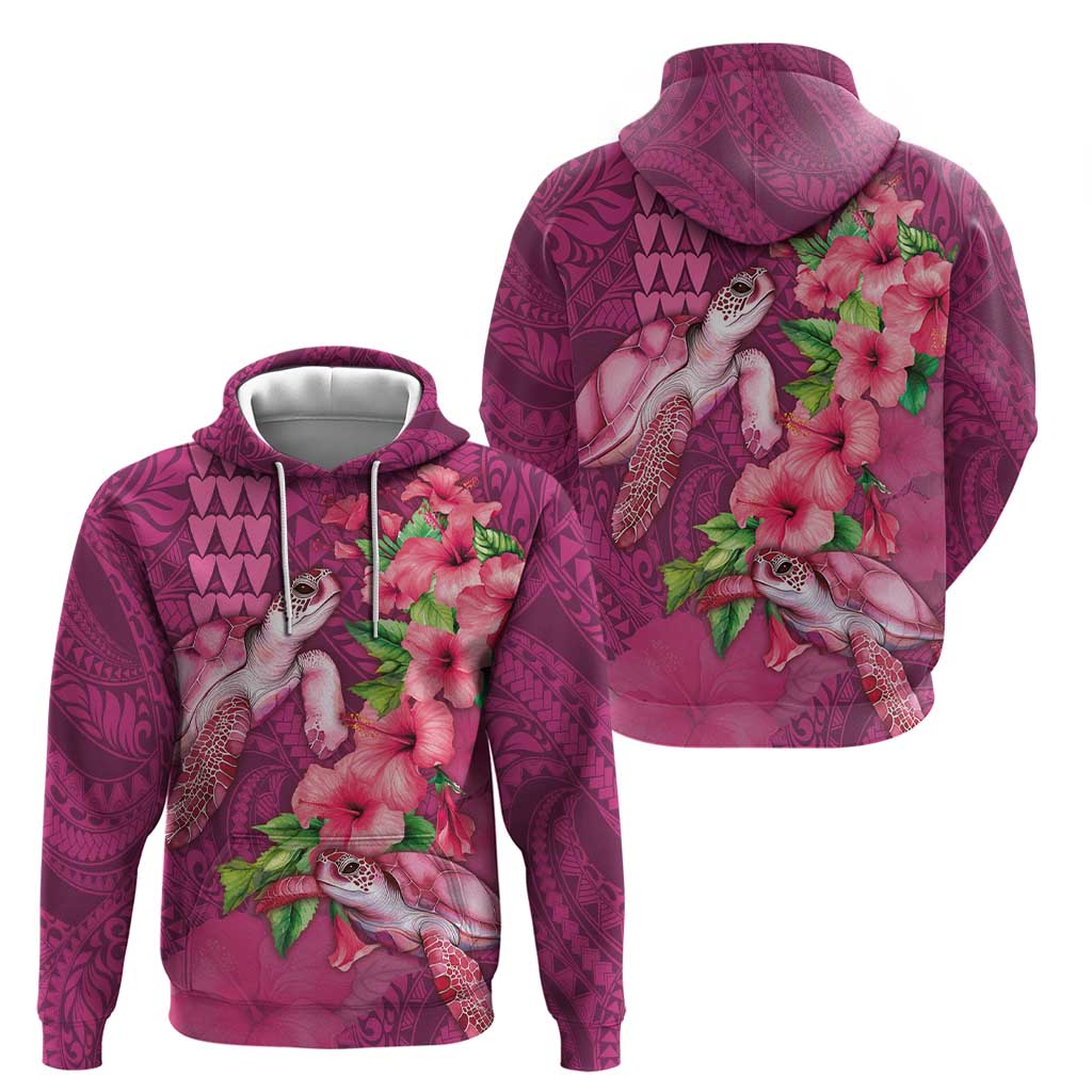 Hawaiian Turtle Love Couple Hoodie - Sweet Hibiscus and Kakau Pattern Rose Color LT03 - Polynesian Pride