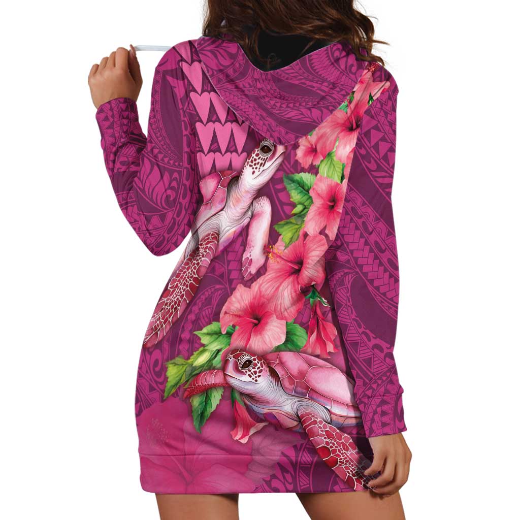 Hawaiian Turtle Love Couple Hoodie Dress - Sweet Hibiscus and Kakau Pattern Rose Color LT03 - Polynesian Pride