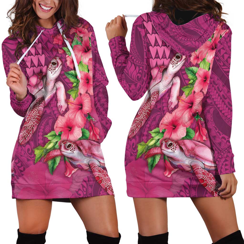 Hawaiian Turtle Love Couple Hoodie Dress - Sweet Hibiscus and Kakau Pattern Rose Color LT03 - Polynesian Pride