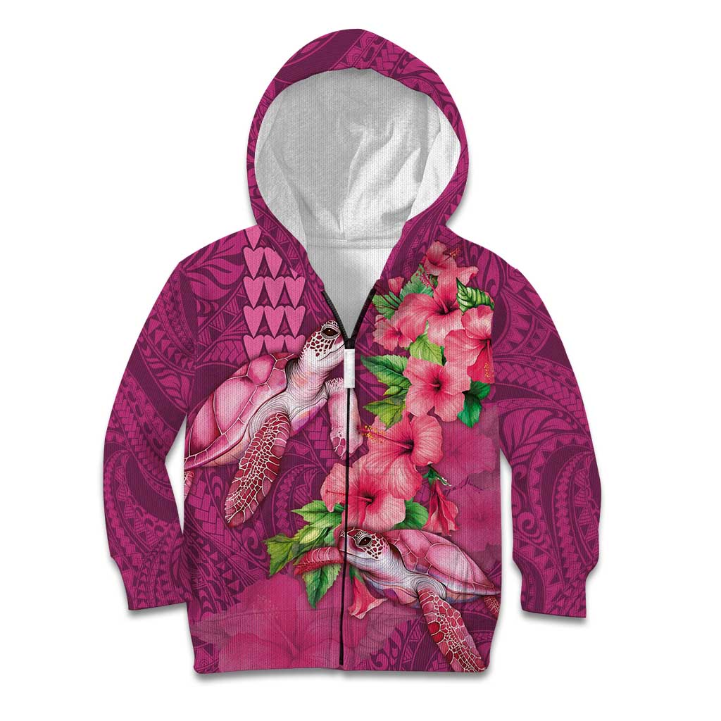 Hawaiian Turtle Love Couple Kid Hoodie - Sweet Hibiscus and Kakau Pattern Rose Color LT03 Zip Hoodie Pink - Polynesian Pride