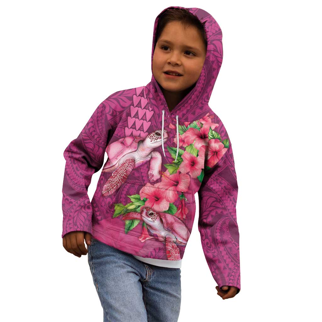 Hawaiian Turtle Love Couple Kid Hoodie - Sweet Hibiscus and Kakau Pattern Rose Color LT03 - Polynesian Pride