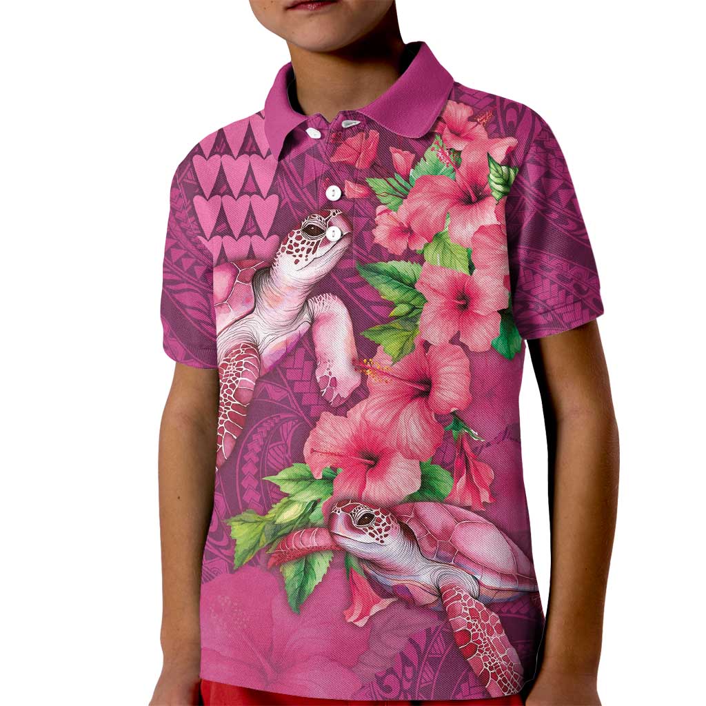 Hawaiian Turtle Love Couple Kid Polo Shirt - Sweet Hibiscus and Kakau Pattern Rose Color LT03 Kid Pink - Polynesian Pride