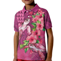 Hawaiian Turtle Love Couple Kid Polo Shirt - Sweet Hibiscus and Kakau Pattern Rose Color LT03 Kid Pink - Polynesian Pride