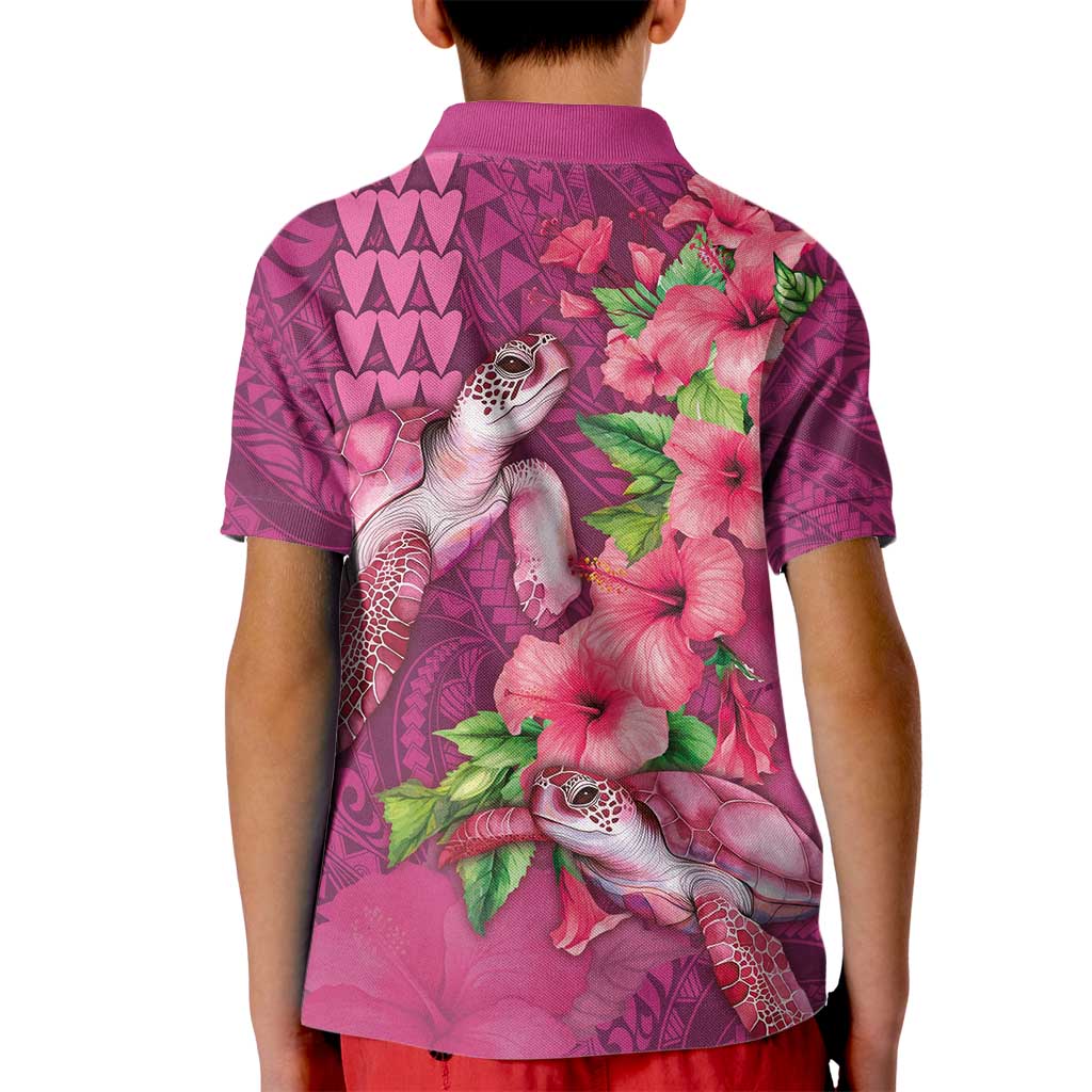 Hawaiian Turtle Love Couple Kid Polo Shirt - Sweet Hibiscus and Kakau Pattern Rose Color LT03 - Polynesian Pride