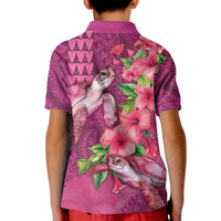 Hawaiian Turtle Love Couple Kid Polo Shirt - Sweet Hibiscus and Kakau Pattern Rose Color LT03 - Polynesian Pride