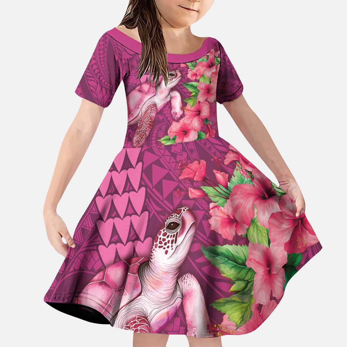 Hawaiian Turtle Love Couple Kid Short Sleeve Dress - Sweet Hibiscus and Kakau Pattern Rose Color LT03 KID Pink - Polynesian Pride