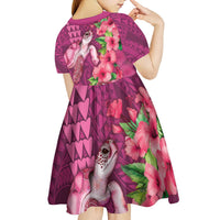 Hawaiian Turtle Love Couple Kid Short Sleeve Dress - Sweet Hibiscus and Kakau Pattern Rose Color LT03 - Polynesian Pride