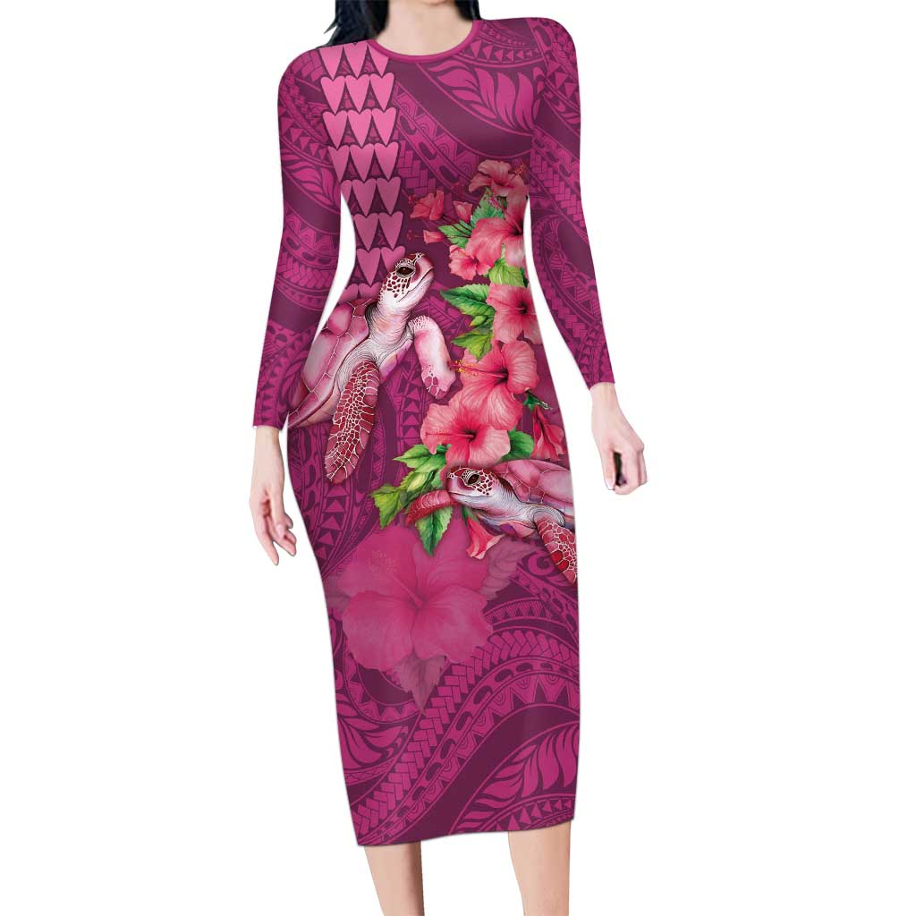 Hawaiian Turtle Love Couple Long Sleeve Bodycon Dress - Sweet Hibiscus and Kakau Pattern Rose Color LT03 Long Dress Pink - Polynesian Pride