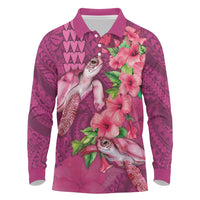Hawaiian Turtle Love Couple Long Sleeve Polo Shirt - Sweet Hibiscus and Kakau Pattern Rose Color LT03 Pink - Polynesian Pride
