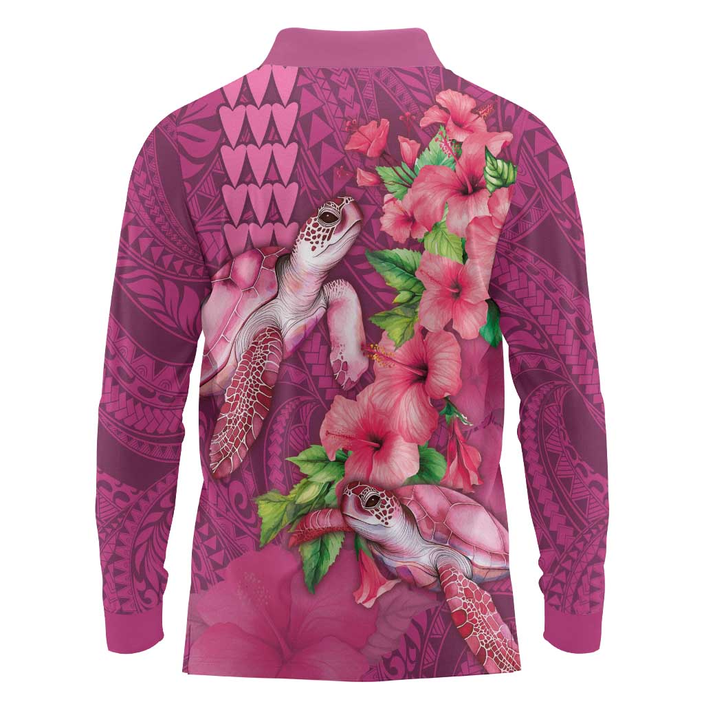 Hawaiian Turtle Love Couple Long Sleeve Polo Shirt - Sweet Hibiscus and Kakau Pattern Rose Color LT03 - Polynesian Pride