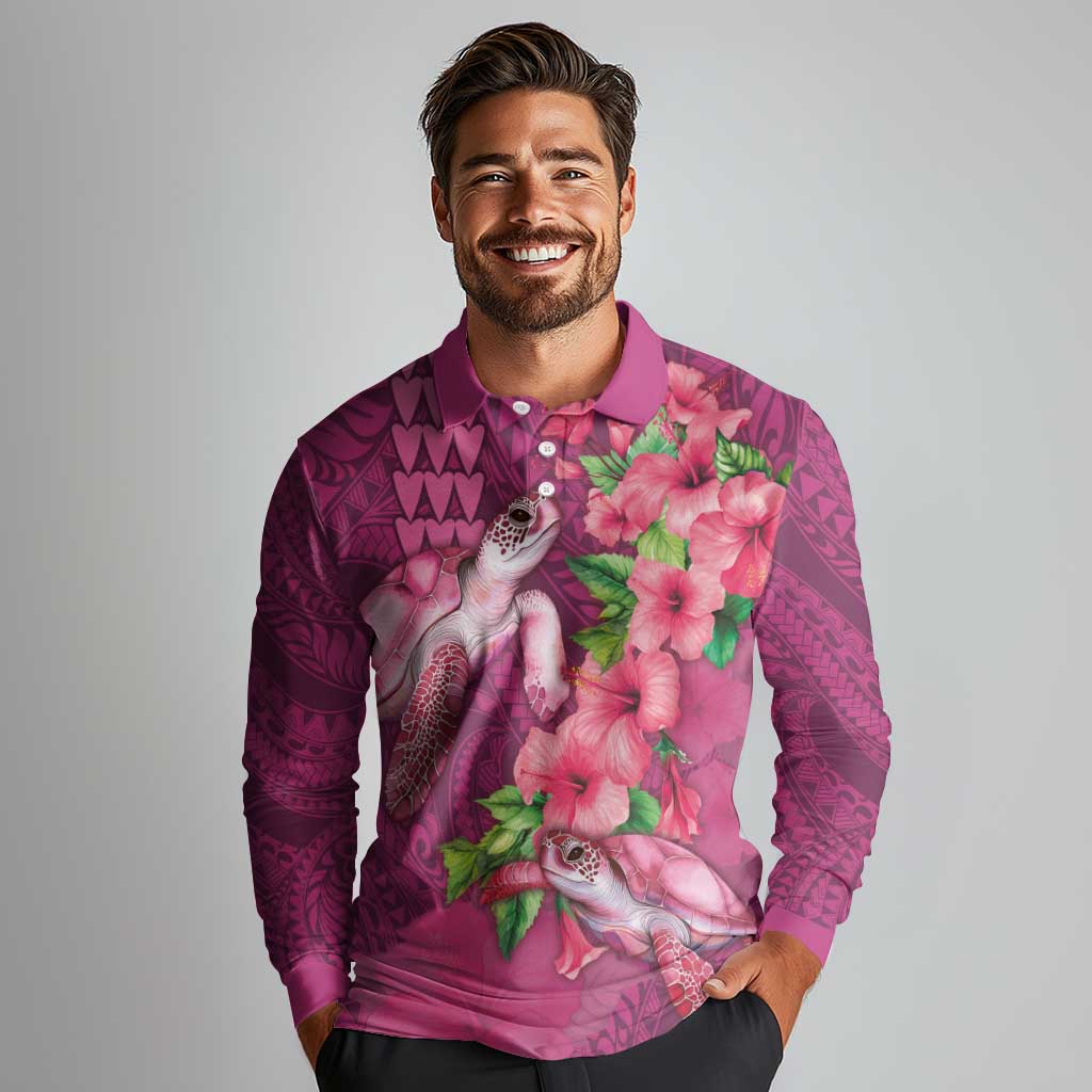 Hawaiian Turtle Love Couple Long Sleeve Polo Shirt - Sweet Hibiscus and Kakau Pattern Rose Color LT03 - Polynesian Pride