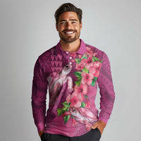 Hawaiian Turtle Love Couple Long Sleeve Polo Shirt - Sweet Hibiscus and Kakau Pattern Rose Color LT03 - Polynesian Pride