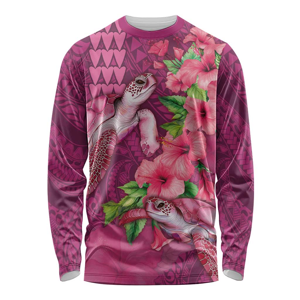 Hawaiian Turtle Love Couple Long Sleeve Shirt - Sweet Hibiscus and Kakau Pattern Rose Color LT03 Unisex Pink - Polynesian Pride
