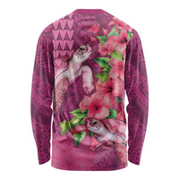 Hawaiian Turtle Love Couple Long Sleeve Shirt - Sweet Hibiscus and Kakau Pattern Rose Color LT03 - Polynesian Pride