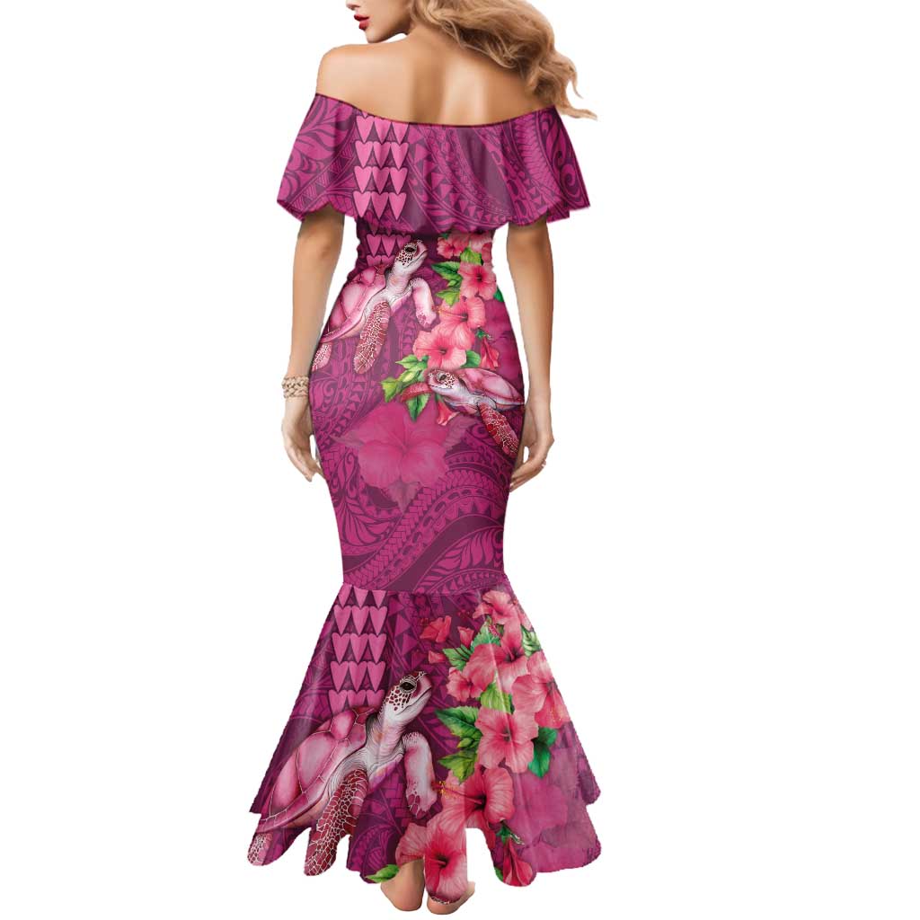 Hawaiian Turtle Love Couple Mermaid Dress - Sweet Hibiscus and Kakau Pattern Rose Color LT03 - Polynesian Pride