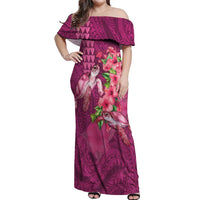 Hawaiian Turtle Love Couple Off Shoulder Maxi Dress - Sweet Hibiscus and Kakau Pattern Rose Color LT03 Women Pink - Polynesian Pride