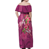 Hawaiian Turtle Love Couple Off Shoulder Maxi Dress - Sweet Hibiscus and Kakau Pattern Rose Color LT03 - Polynesian Pride