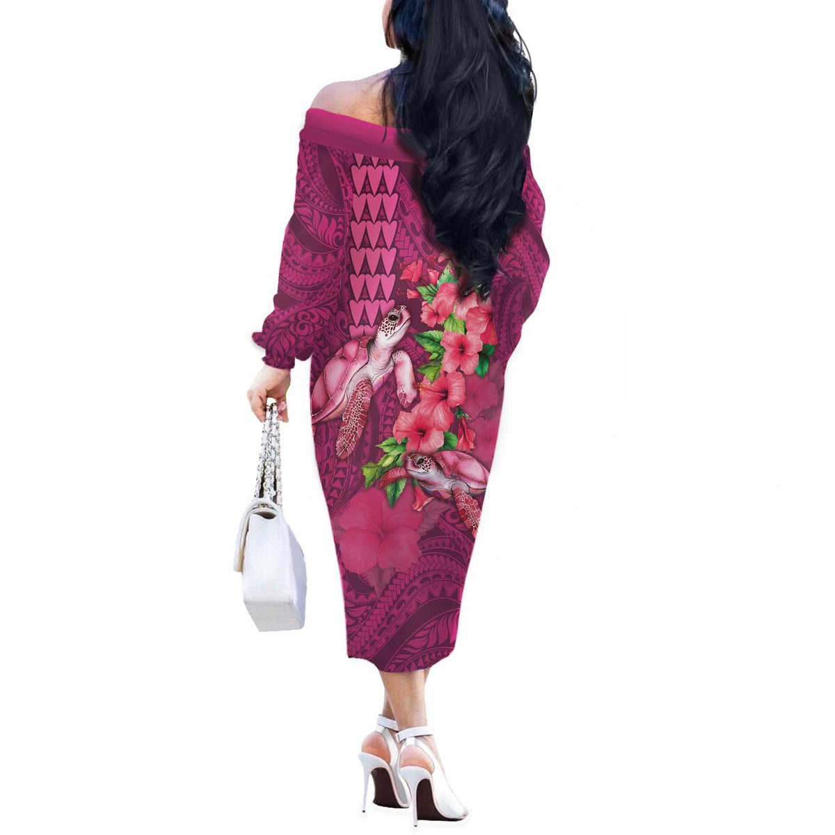 Hawaiian Turtle Love Couple Off The Shoulder Long Sleeve Dress - Sweet Hibiscus and Kakau Pattern Rose Color LT03 - Polynesian Pride