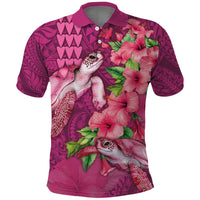 Hawaiian Turtle Love Couple Polo Shirt - Sweet Hibiscus and Kakau Pattern Rose Color LT03 Pink - Polynesian Pride