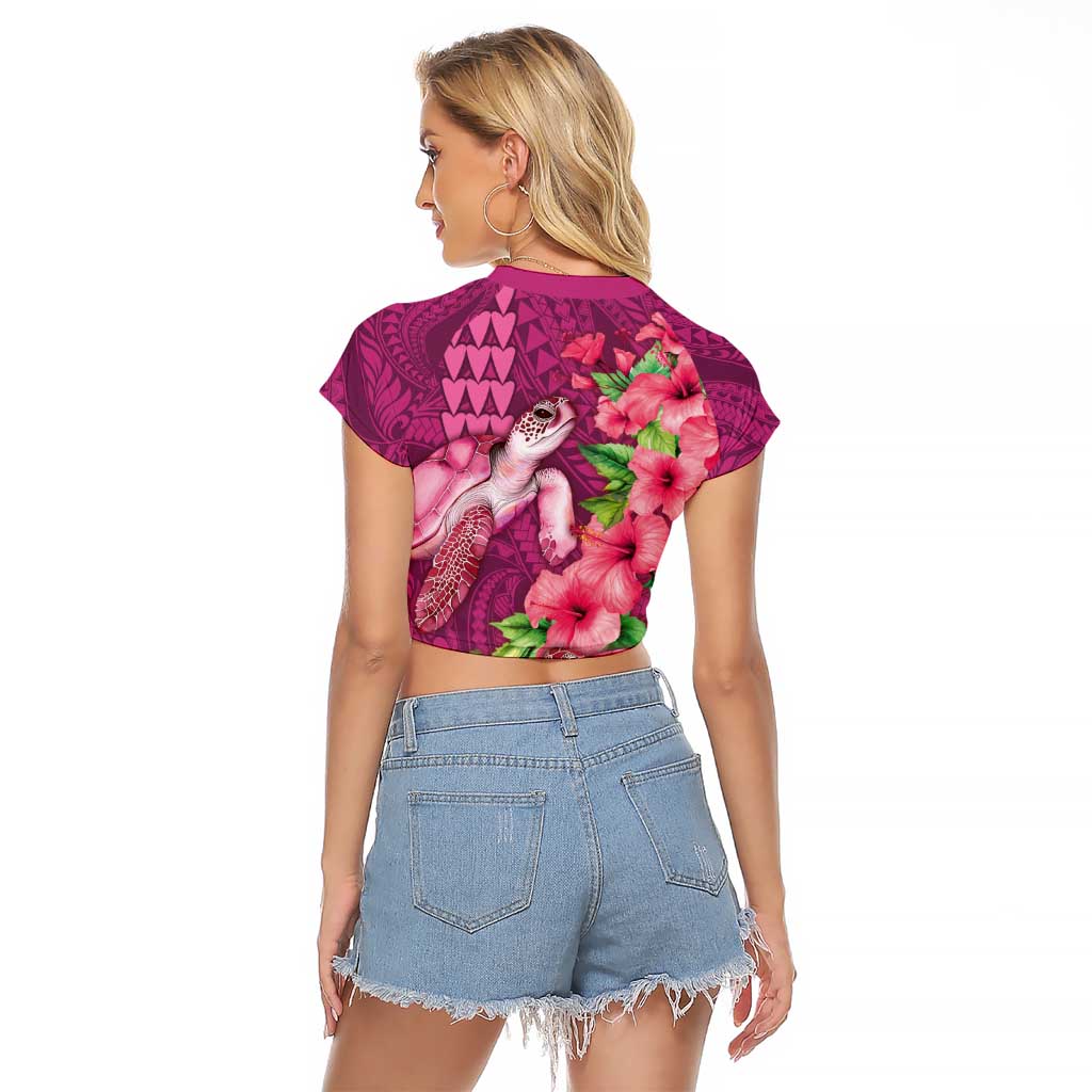 Hawaiian Turtle Love Couple Raglan Cropped T Shirt - Sweet Hibiscus and Kakau Pattern Rose Color LT03 - Polynesian Pride