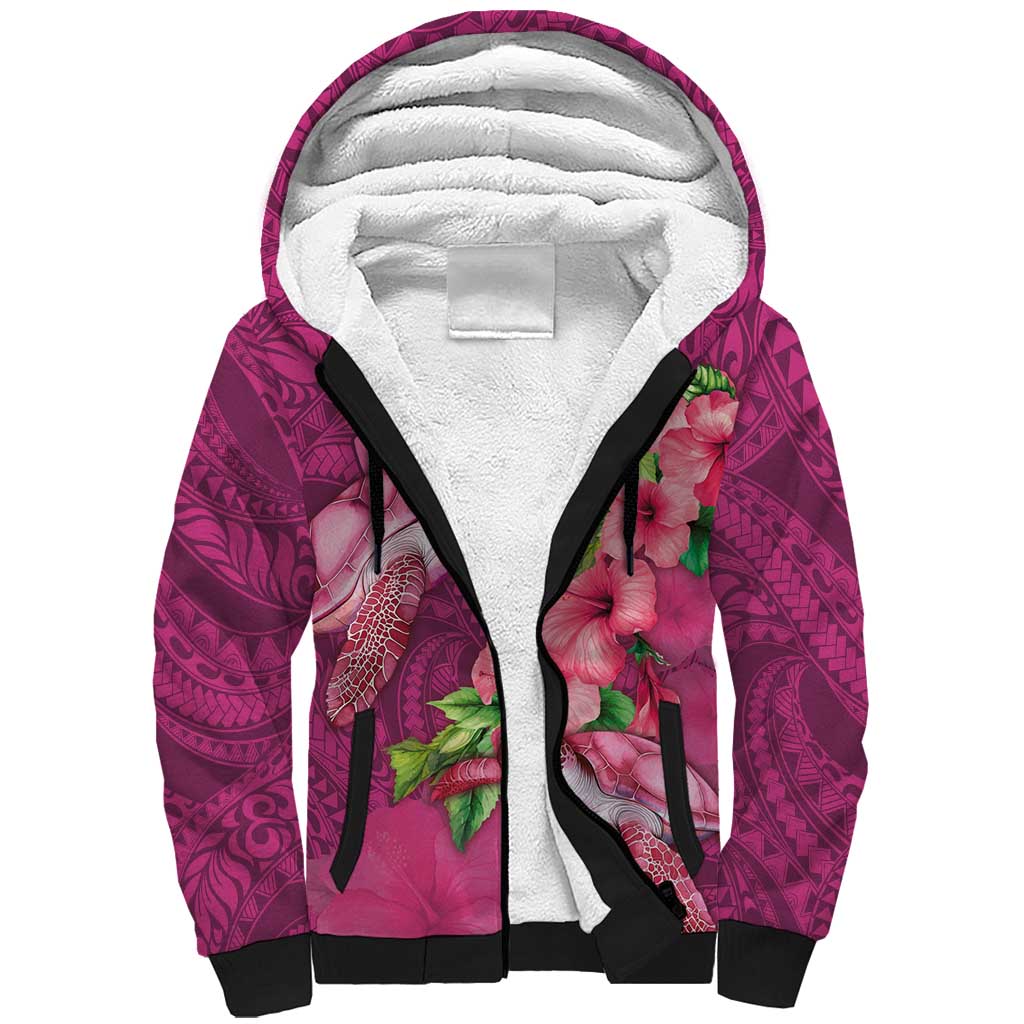Hawaiian Turtle Love Couple Sherpa Hoodie - Sweet Hibiscus and Kakau Pattern Rose Color LT03 Unisex Pink - Polynesian Pride