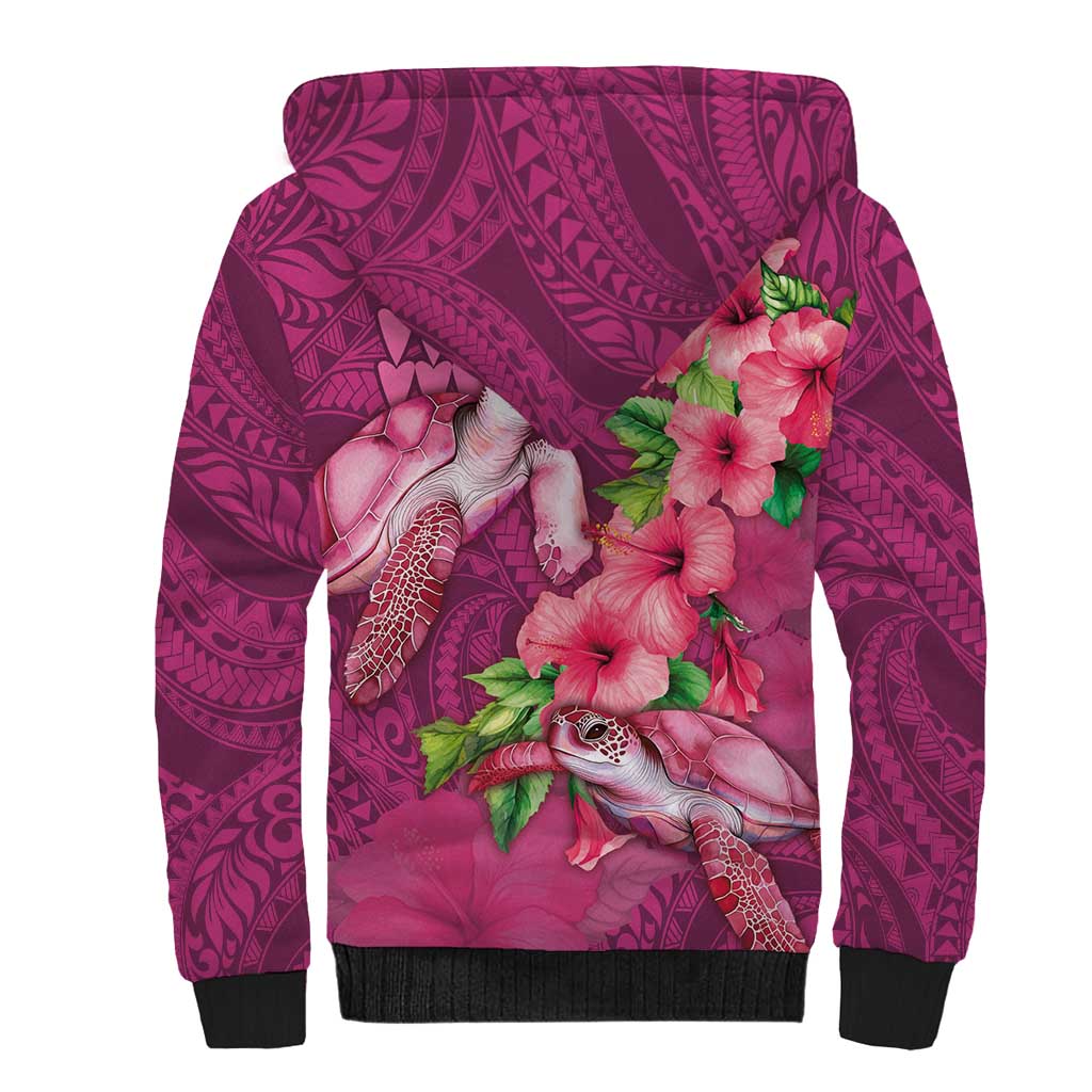 Hawaiian Turtle Love Couple Sherpa Hoodie - Sweet Hibiscus and Kakau Pattern Rose Color LT03 - Polynesian Pride