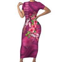 Hawaiian Turtle Love Couple Short Sleeve Bodycon Dress - Sweet Hibiscus and Kakau Pattern Rose Color LT03 Long Dress Pink - Polynesian Pride