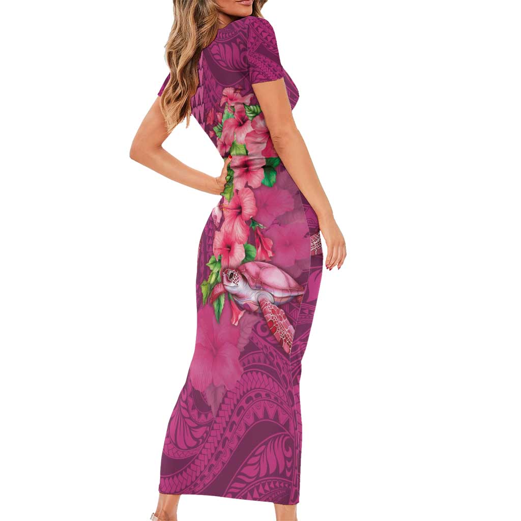Hawaiian Turtle Love Couple Short Sleeve Bodycon Dress - Sweet Hibiscus and Kakau Pattern Rose Color LT03 - Polynesian Pride
