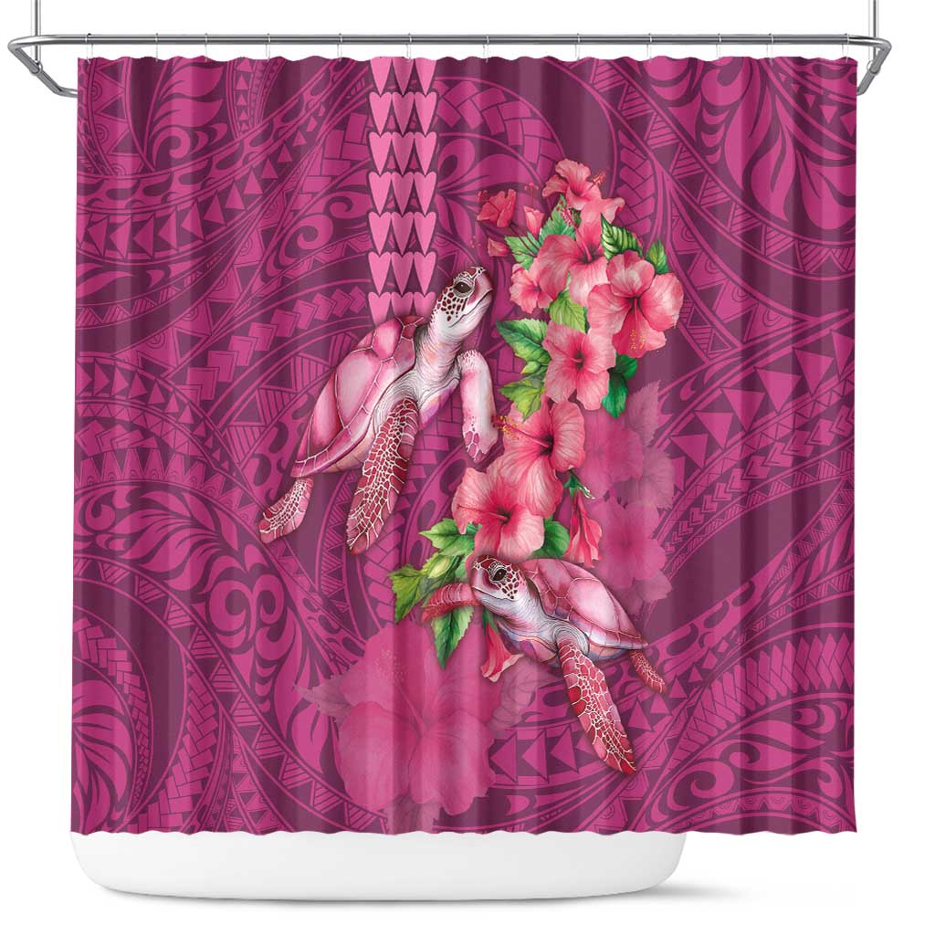 Hawaiian Turtle Love Couple Shower Curtain - Sweet Hibiscus and Kakau Pattern Rose Color LT03 Pink - Polynesian Pride