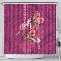 Hawaiian Turtle Love Couple Shower Curtain - Sweet Hibiscus and Kakau Pattern Rose Color LT03 - Polynesian Pride