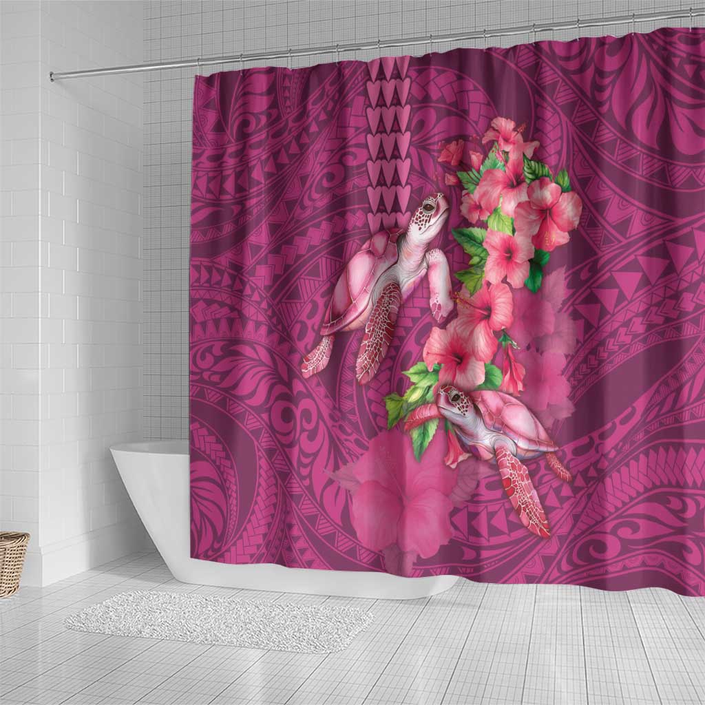 Hawaiian Turtle Love Couple Shower Curtain - Sweet Hibiscus and Kakau Pattern Rose Color LT03 - Polynesian Pride