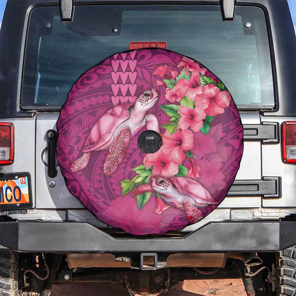 Hawaiian Turtle Love Couple Spare Tire Cover - Sweet Hibiscus and Kakau Pattern Rose Color LT03 Pink - Polynesian Pride