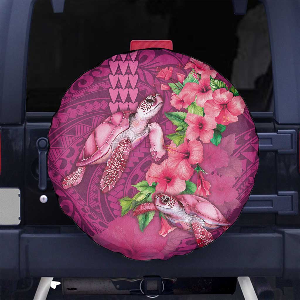 Hawaiian Turtle Love Couple Spare Tire Cover - Sweet Hibiscus and Kakau Pattern Rose Color LT03 - Polynesian Pride