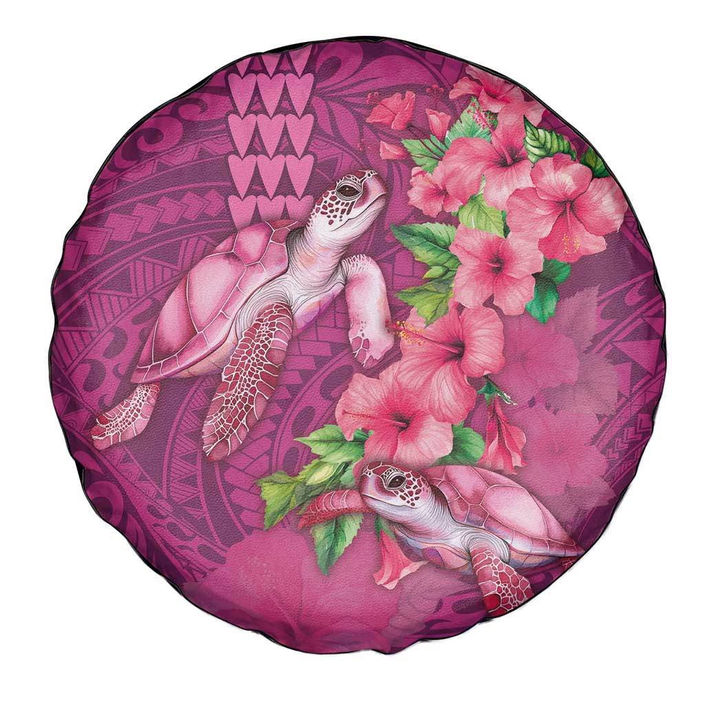 Hawaiian Turtle Love Couple Spare Tire Cover - Sweet Hibiscus and Kakau Pattern Rose Color LT03 - Polynesian Pride