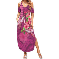 Hawaiian Turtle Love Couple Summer Maxi Dress - Sweet Hibiscus and Kakau Pattern Rose Color LT03 Women Pink - Polynesian Pride